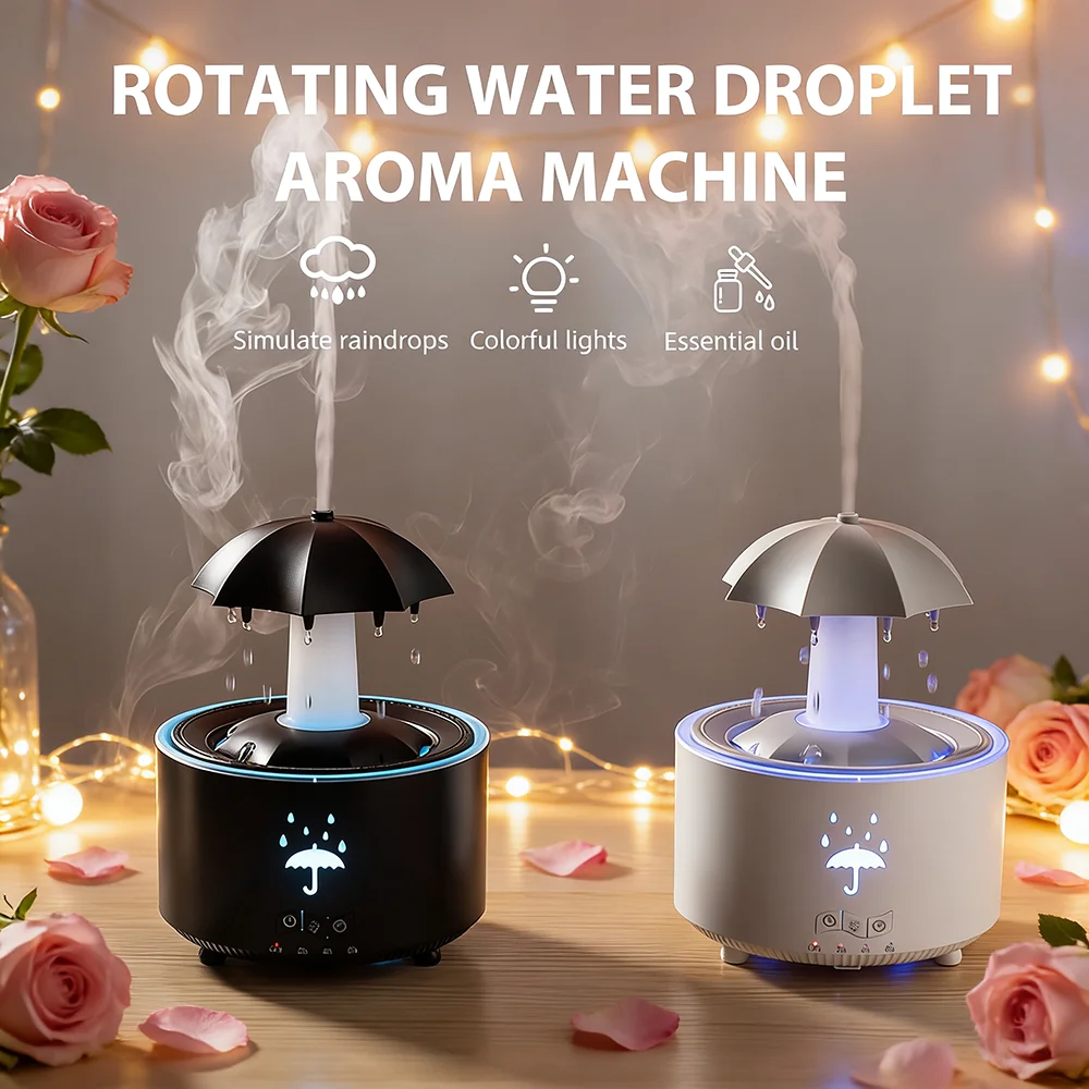 ناشر رائحة قطرة المطر المقلد الجديد الدوار لعام 2025 مع أضواء محيطة بـ 7 ألوان، و3 إعدادات للمؤقت، ومرطب هواء هادئ
