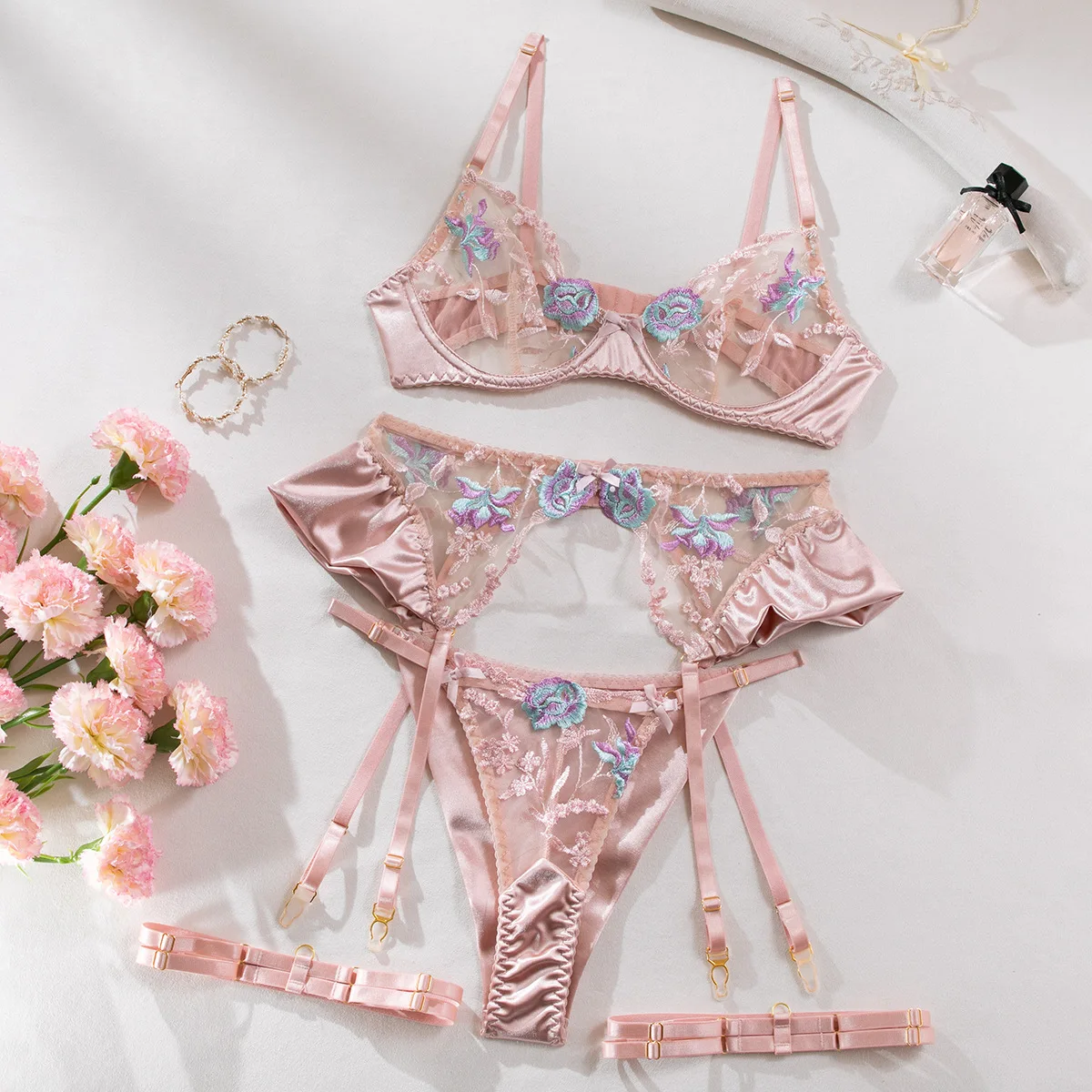 Lencería Sensual para mujer, ropa interior de seda transparente Floral elegante, liguero transparente, conjuntos exótico