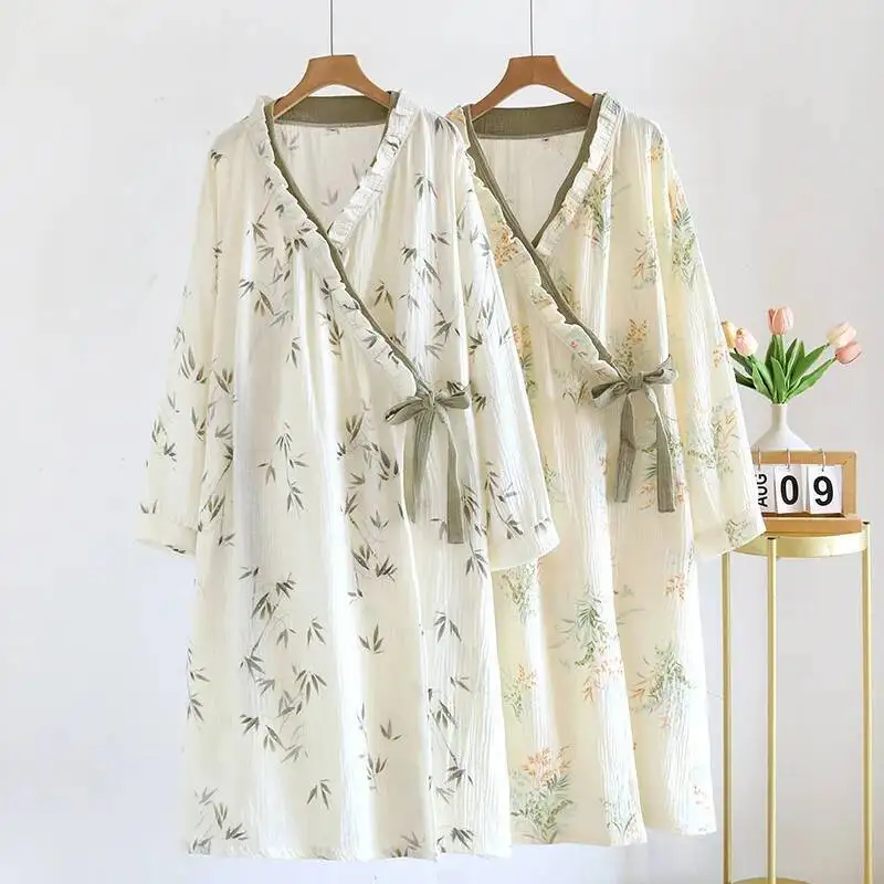 الربيع والخريف القطن قمصان النوم النسائية طويلة الأكمام كيمونو الجلباب ملابس خاصة رقيقة يوكاتا عرق البخار الملابس #1