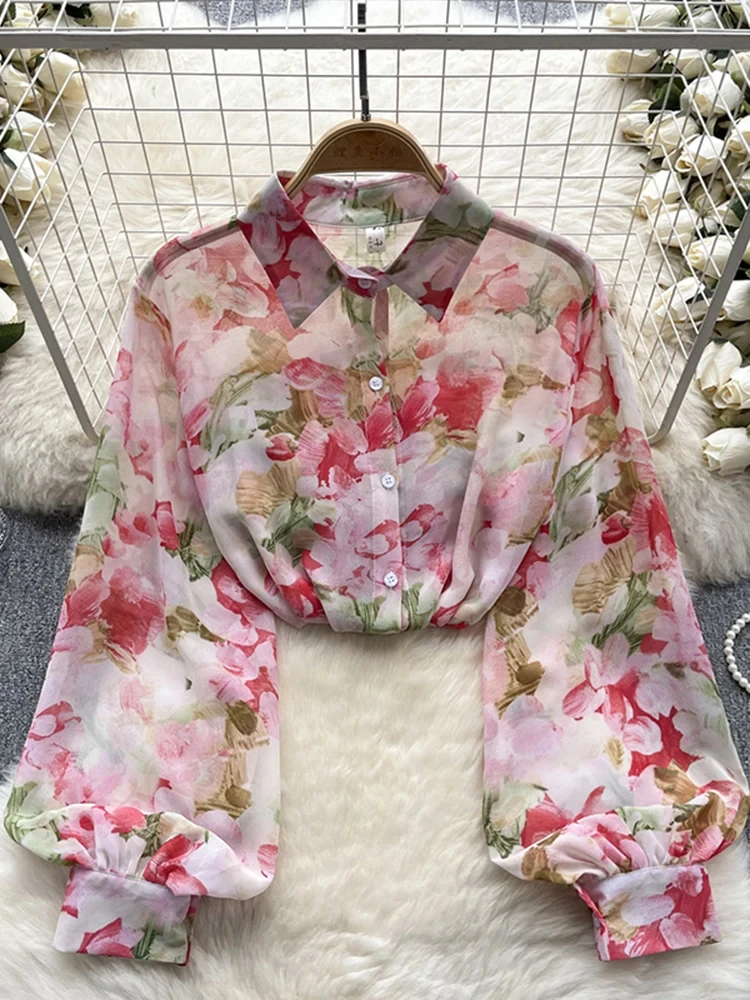 Women Spring Shirt Korean Version Floral Polo Collar Tulle Shirt Lantern Sleeves Unique Art Retro Long Sleeve Loose Top D4721