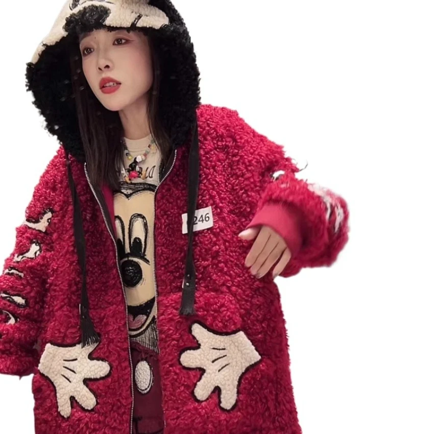 Cappotto con cappuccio Top a maniche lunghe slim fit allentato foderato in pile di Topolino Sherpa patchwork resistente alla moda europea per le donne