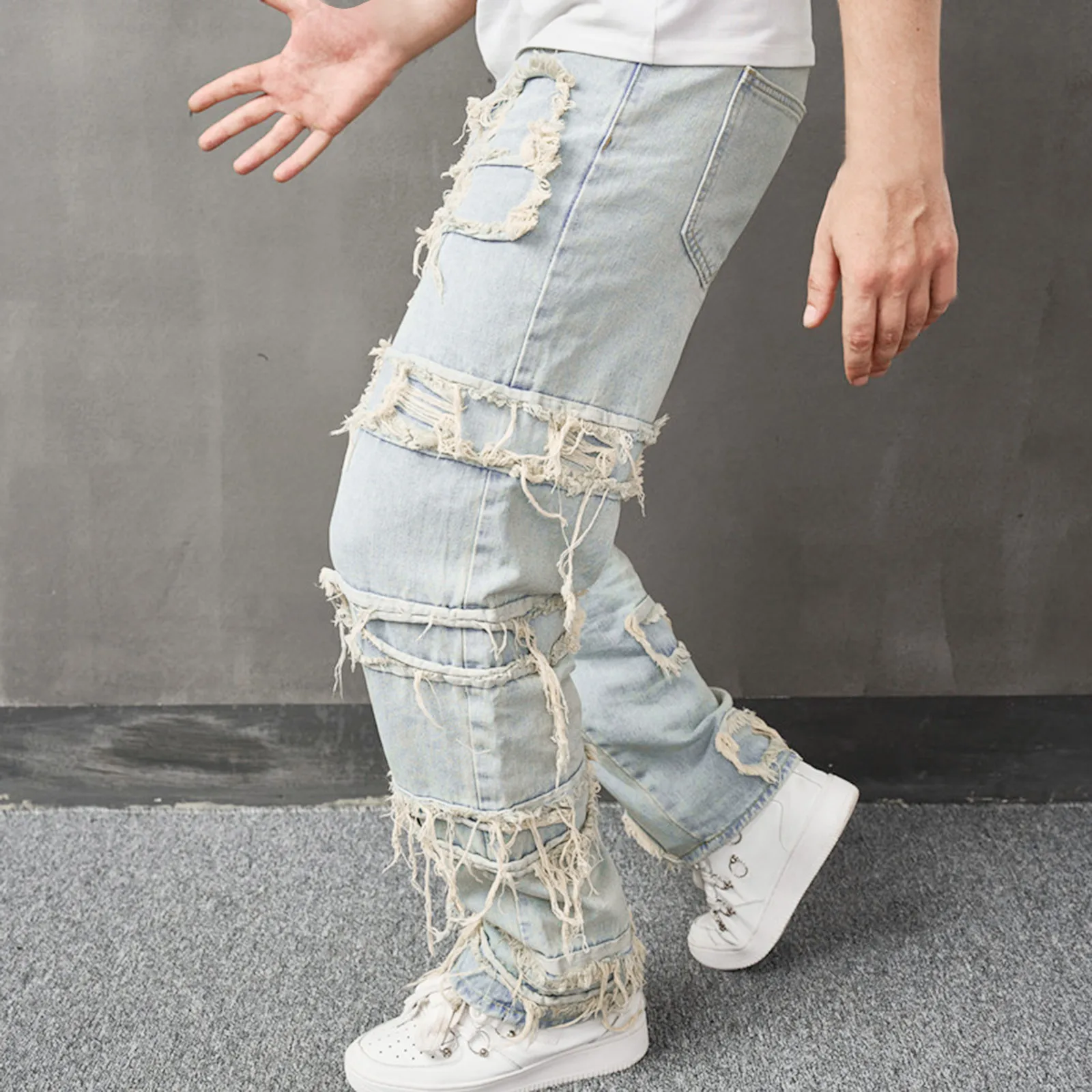 2024 Nowe Męskie Harajuku Hip Hop Street Jeans Ripped Slim Straight Leg Retro Pants Fashion Trend Personality Casual Long Pants