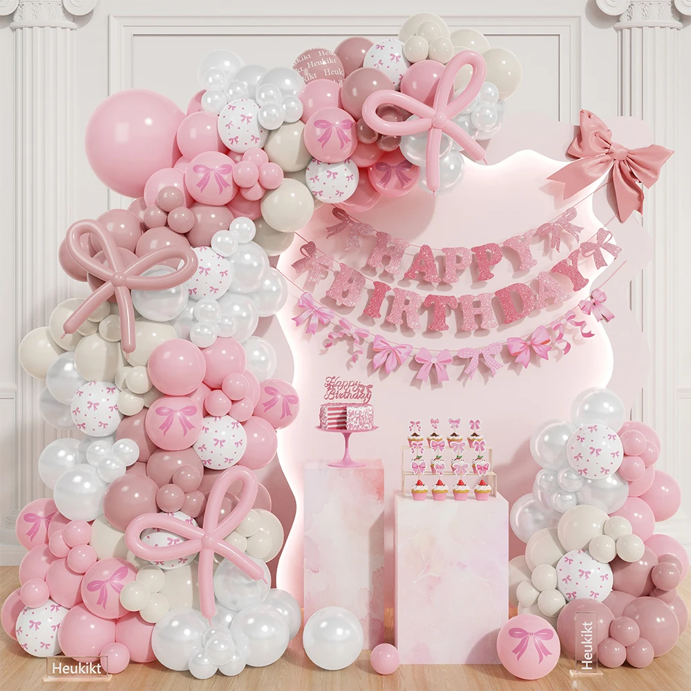 

154pcs Pink Bow Theme Balloon Garland Arch Pink White Latex Balloons for Wedding Party Baby Shower Happy Birthday decoration