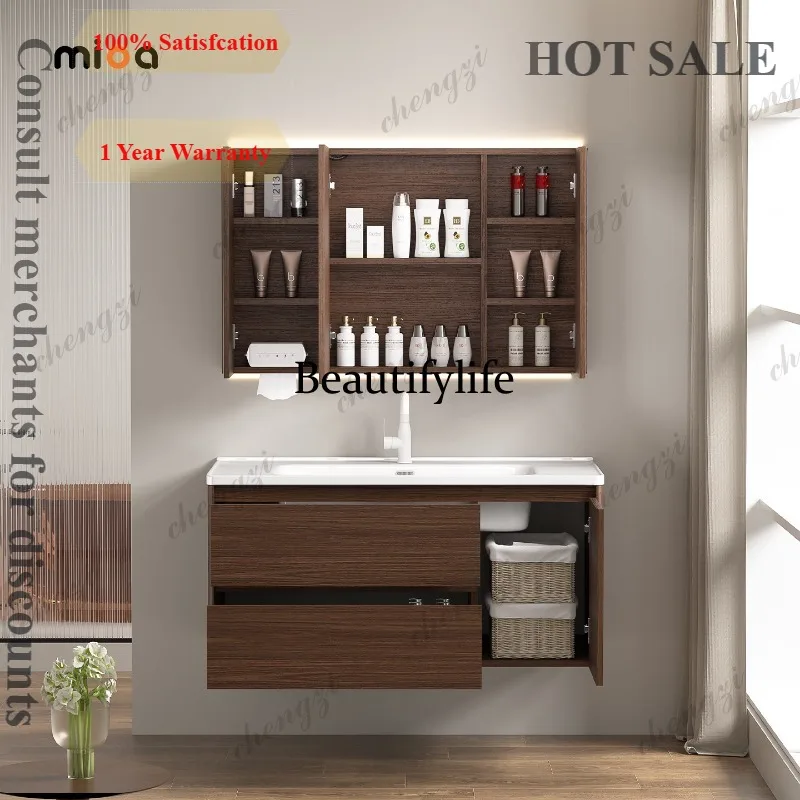 D183 Medieval walnut all stainless steel bathroom mirror cabinet ceramic integrated basin combination waterproof wall hanging