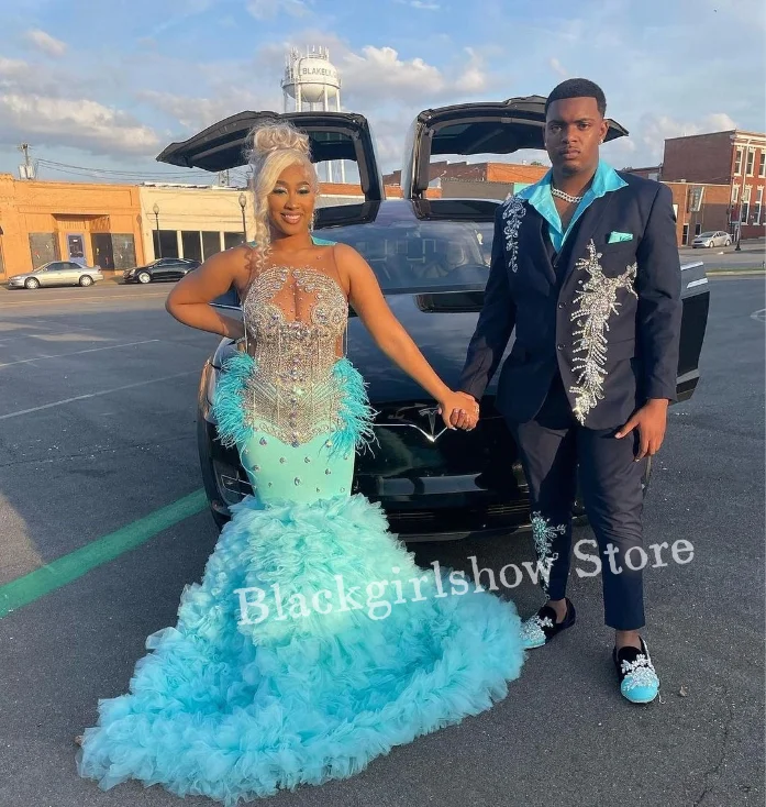 

Elegant Sky Blue Mermaid Prom Dress Luxury Crystal Applique Feather Lace Black Girl Birthday Queen Dress Customised Vestido Fest