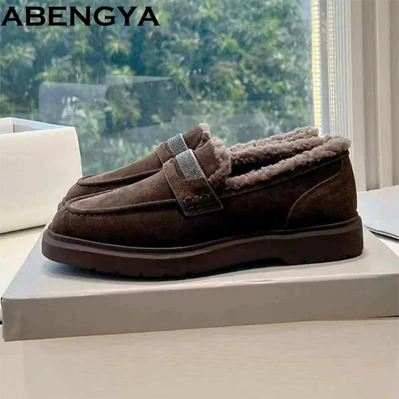 

Hot Sale Winter Wool Suede Leather Loafers Women's Flat Casual Shoes Slip On Plush Fur Shoes Ladies Ballet Flats Shoes For Women