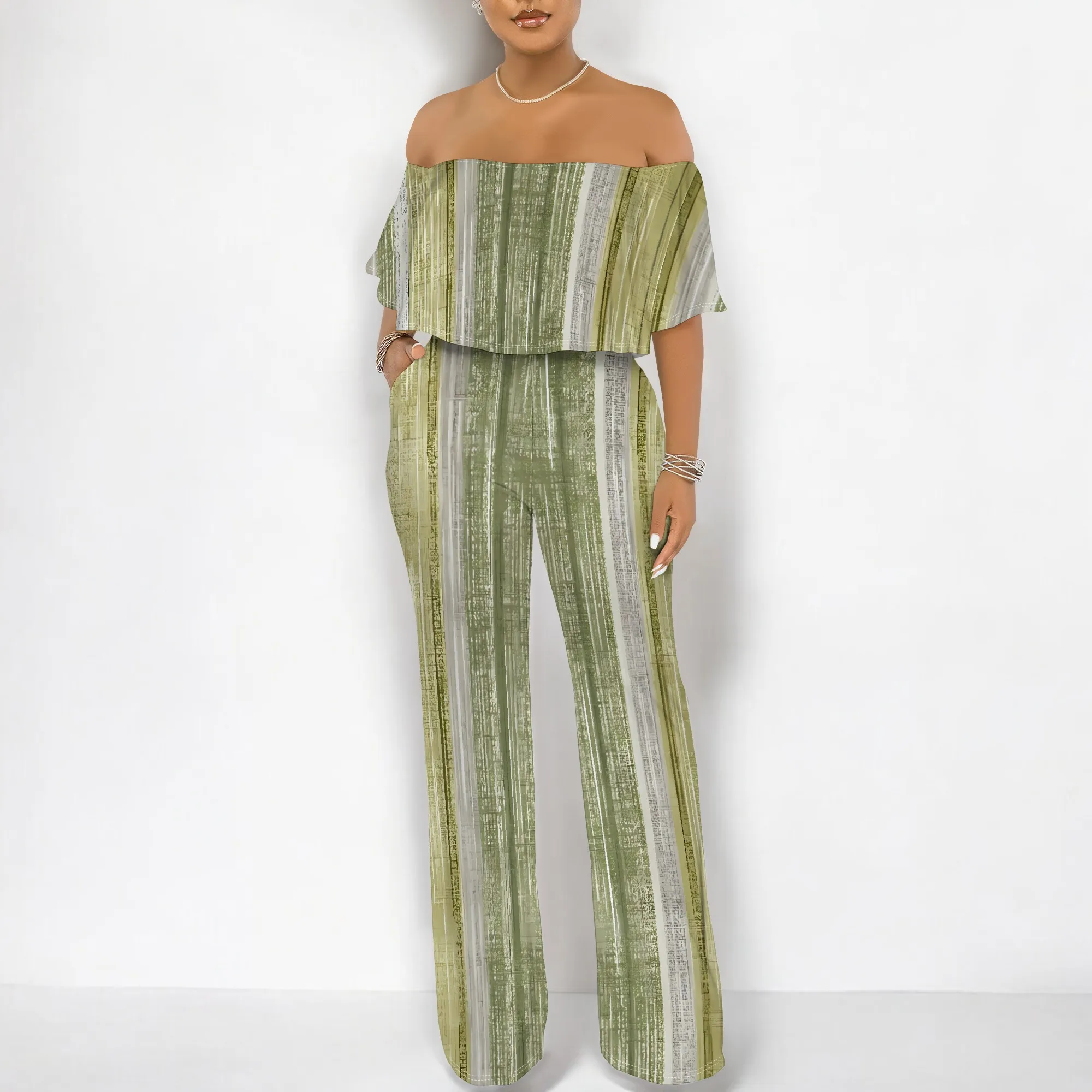 

Nupusa Striped Print Off Shoulder Jumpsuit Women Summer Casual Wide Leg Romper