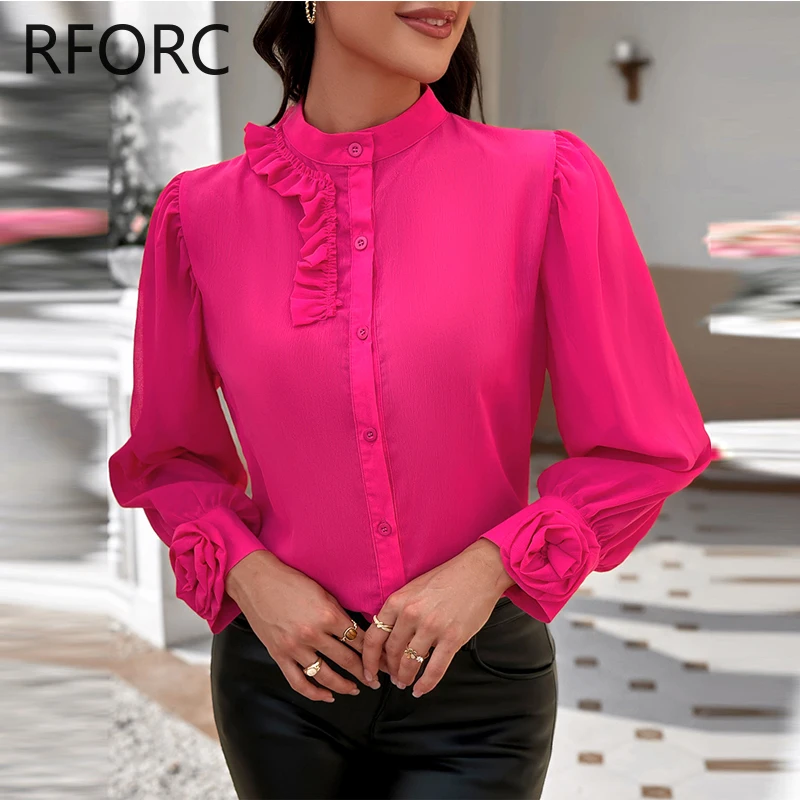 2023 Women Edible Tree Fungus Stand Collar Three Dimensional Decoration Floral Rose Red Blouse Top