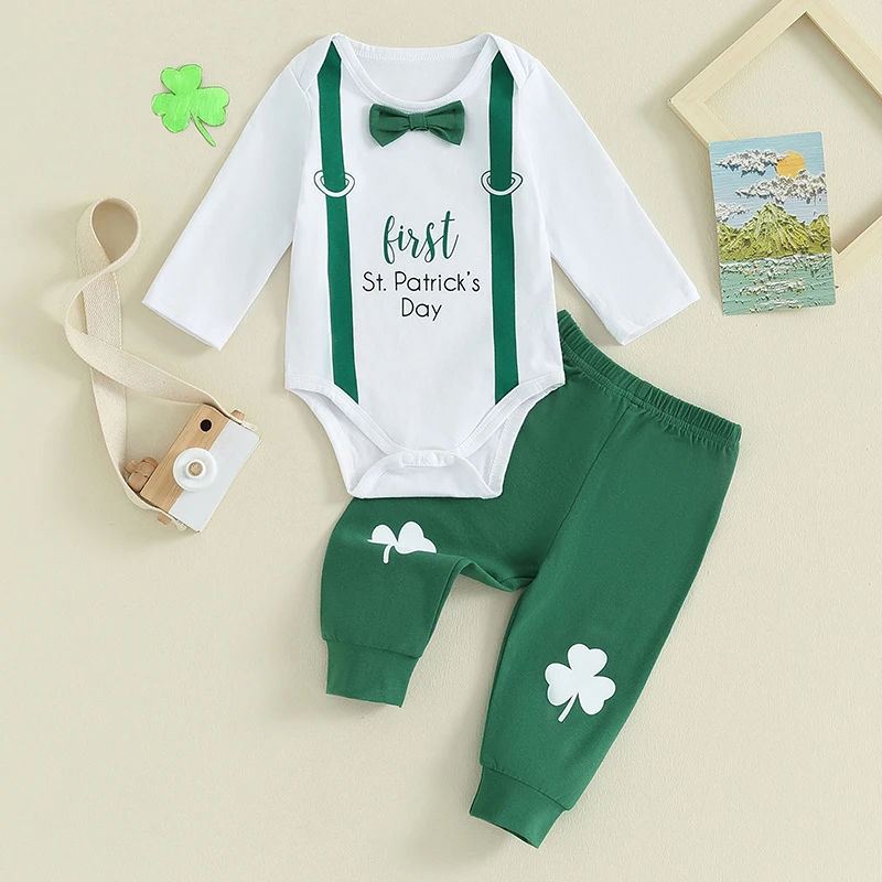 My First St Patricks Day Baby Boy Outfit Newborn Infant Long Sleeve Clover Shamrock Romper Lucky Charm Pants Set