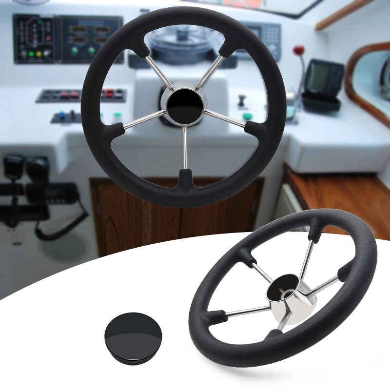 13.5 Inch Boat Steering Wheel Boat Accessories Marine 5 Spoke Destroyer Steering Wheel with Black Foam Grip and Knob