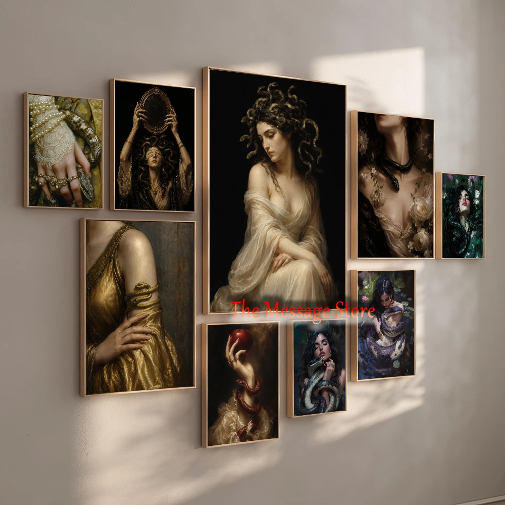Victorian Style Vintage Painting Lilith Medusa Women and Snake Mythological Poster Canvas Painting Wall Pictures Home Room Decor