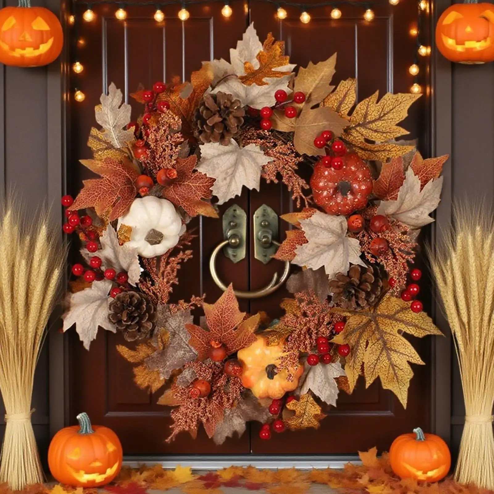 

Венок на День Благодарения Венок с тыквой и ягодами Осенние венки Фестиваль урожая на День благодарения Венки Крытый и открытый орнамент Реквизит для сцены