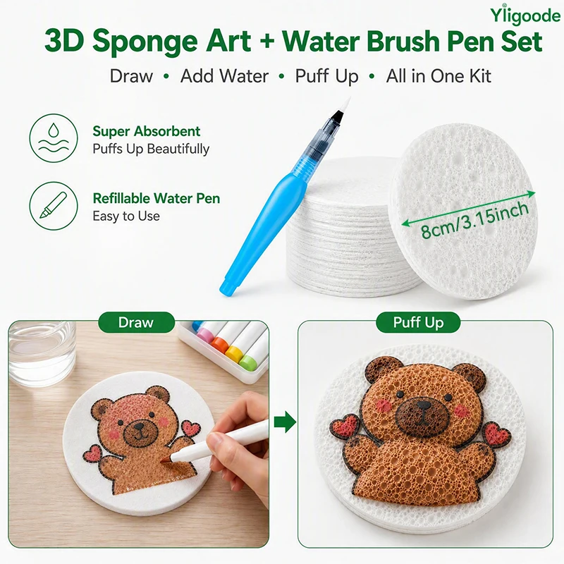 Children's DIY Water-Activated 3D Sponge Board Art Set [Expandable When Wet], includes refillable water pens for hand-drawing and doodling, creative toys for making keychains and wall decorations, suitable for bag pendants and party gifts