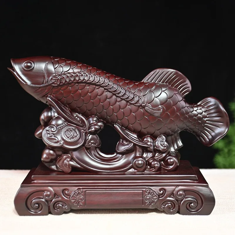 Ebony red wood carving solid wood golden arowana ornament furniture opening display living room decoration feng shui fish crafts