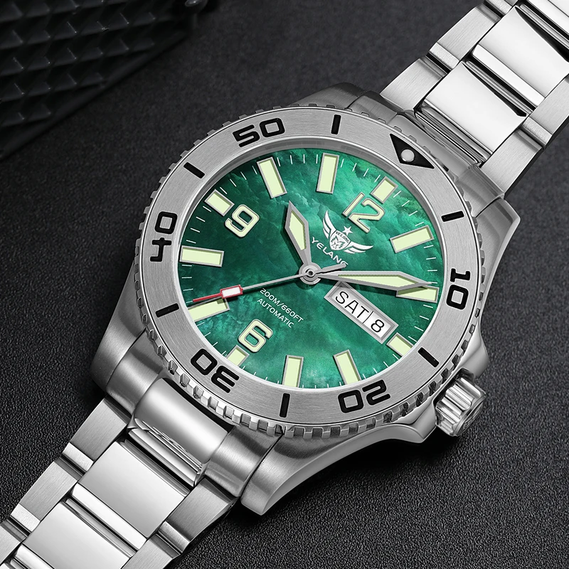 YELANG Men Automatic Watch 42mm Mechanical Wristwatch Luminous Sapphire Mirror Diver 20Bar Waterproof SW200