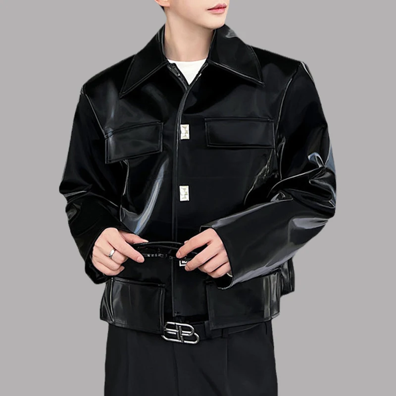 2023 Men Jacket Shiny Leather Metal Button Solid Coat Streetwear Autumn Lapel Long Sleeve Chic Personality Short Runway Jackets