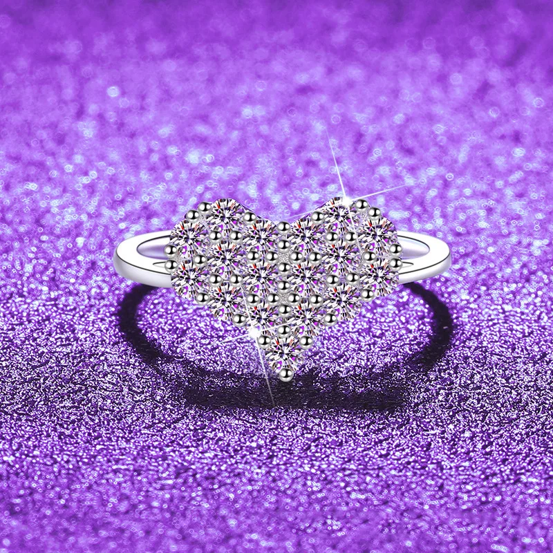 

S925 Silver White Gold Plated 0.51CT D Color Moissanite Large Heart Micro-Pave Ring, US Size 5-9, Exquisite Jewelry.