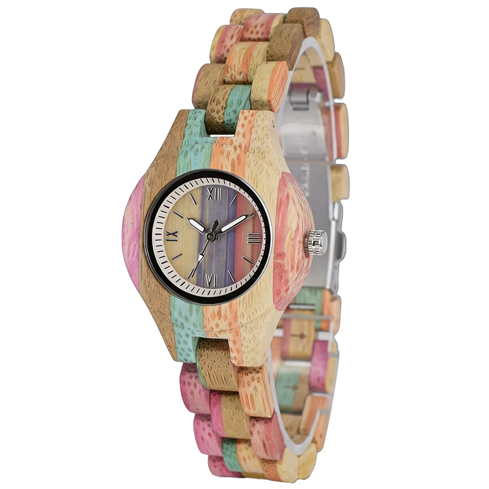 Minimalist Fashion Women's Quartz Watch with Colorful Bamboo and Luminous Fold Clasp Wristwatch