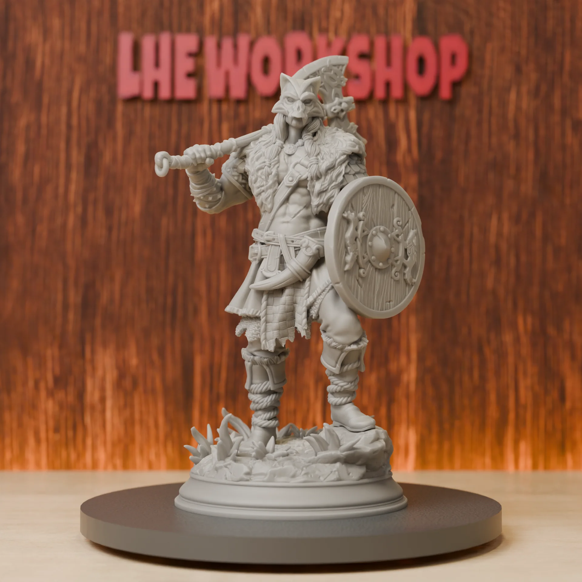 Wolf-Masked Barbarian with Axe Shield Miniatures | 28mm-75mm | Resin 3D Printed DND Pathfinder Mini | Unpainted Grey