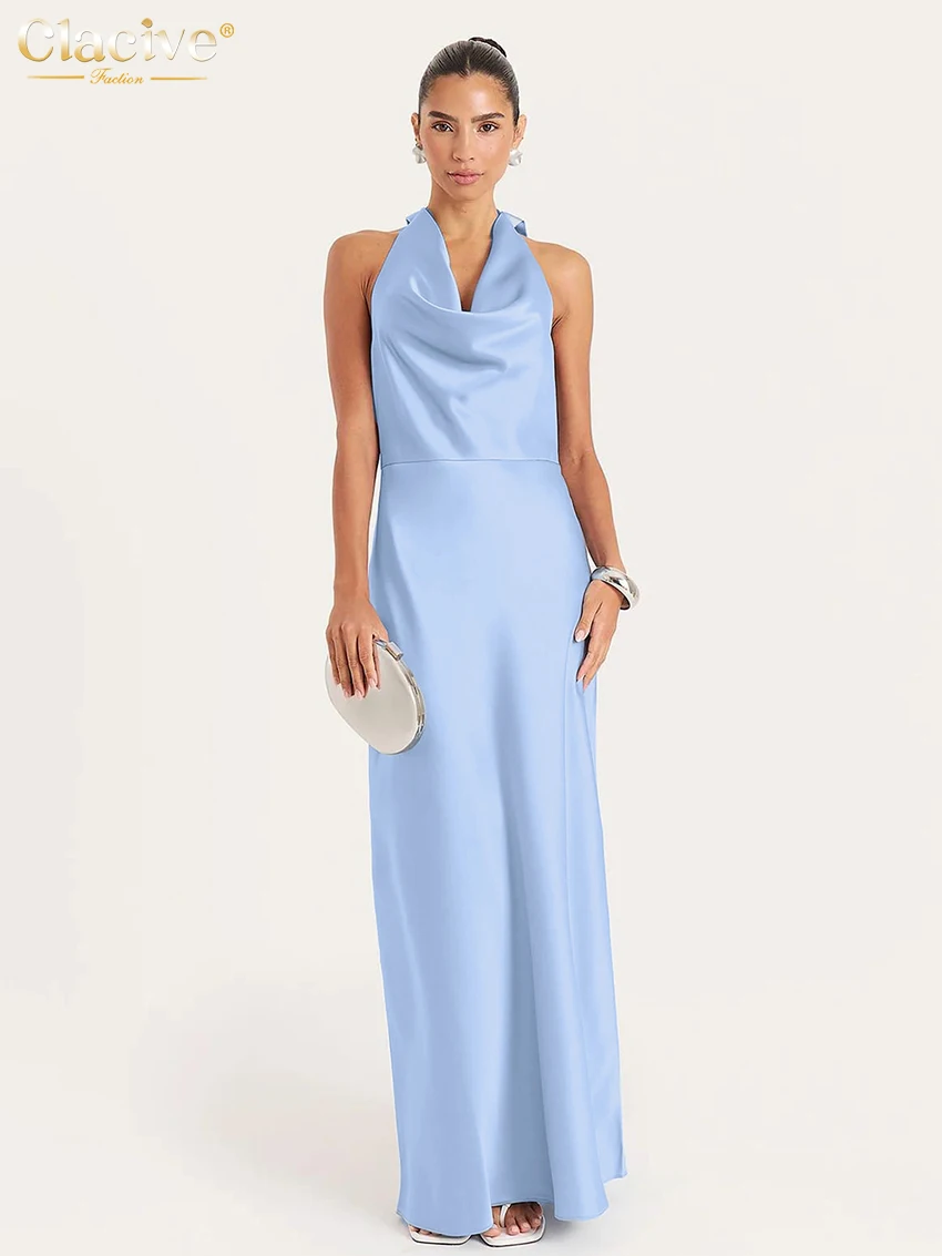 

Clacive Sexy Slim Blue Satin Dresses Women Fashion Halter Sleeveless Ankle Length Dress Elegant Classic Backless Female Dress