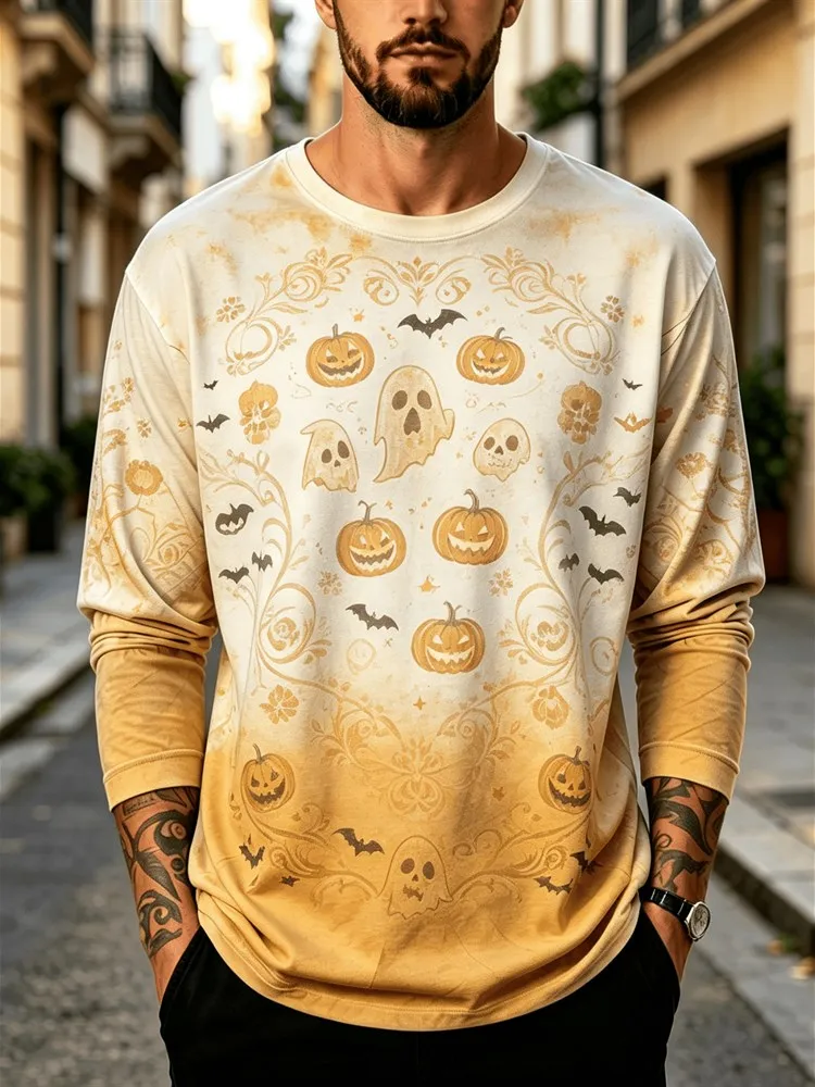 Men's Halloween Pumpkin Ghost Long Sleeve T-Shirt Potion Bottle Moon Star Graphic Tee Orange Streetwear Pullover Tops Gift