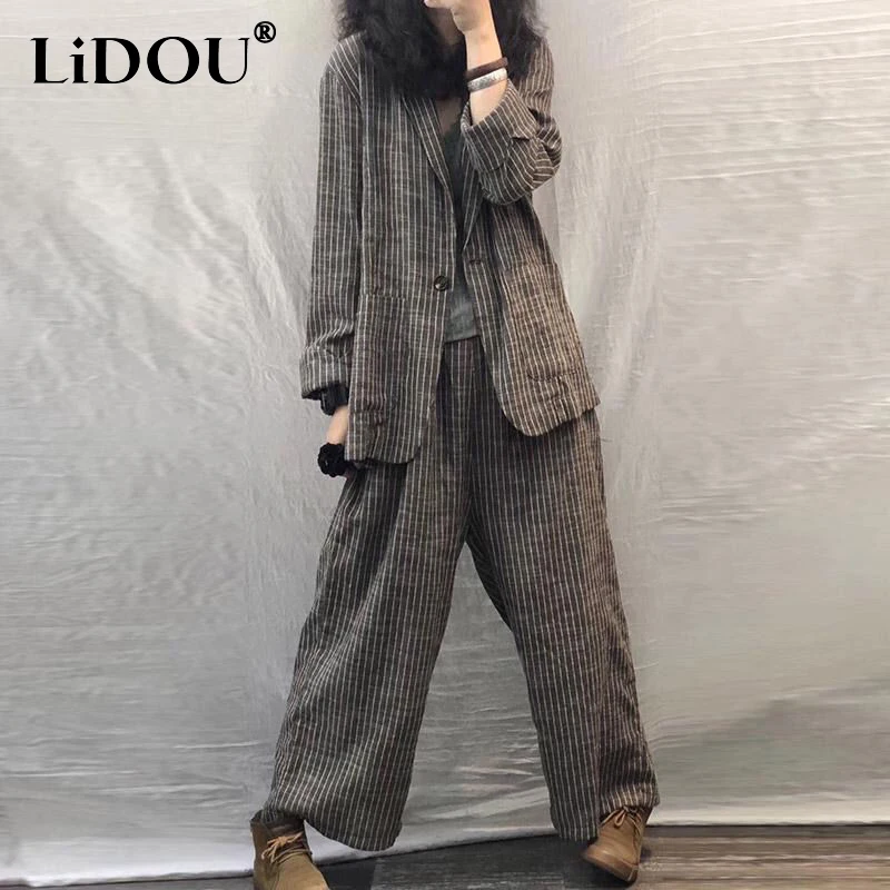 Spring Autumn New Vintage Striped Women\'s Set V-neck Button Pockets Cardigan + Elastic Waist Loose Cotton Hemp Straight Pants