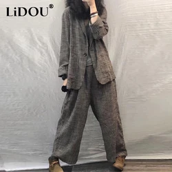 Spring Autumn New Vintage Striped Women's Set V-neck Button Pockets Cardigan + Elastic Waist Loose Cotton Hemp Straight Pants