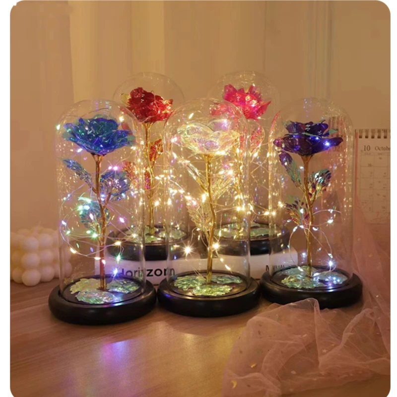 Artificial Eternal Rose LED Light Night Light Beauty In Glass Gold Foil Flower Valentine\'s Day Gift Enchanted Rose Fairy Lights