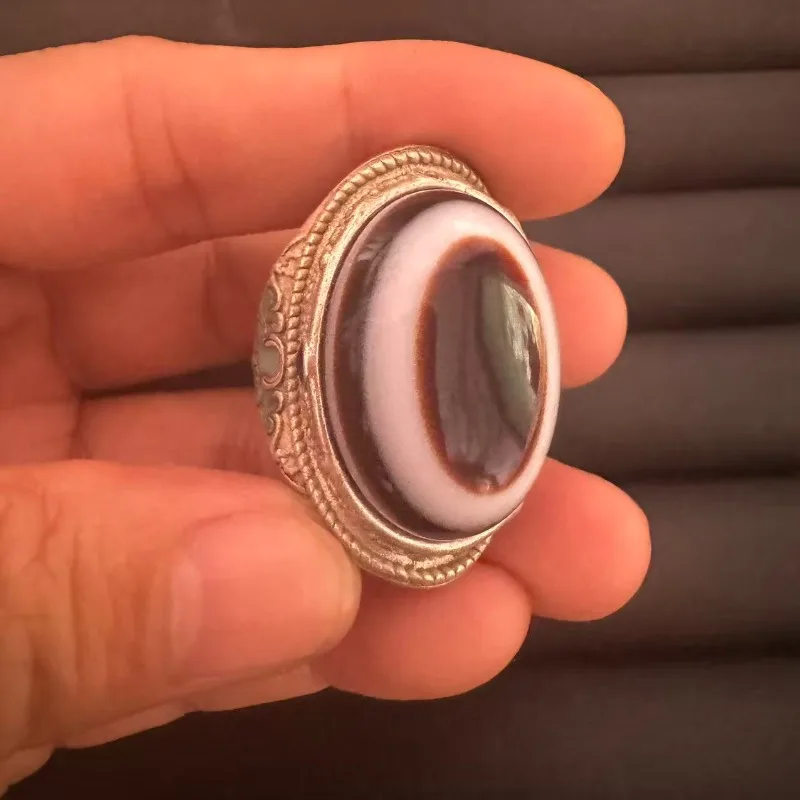 Tibetischer Silberring, Seidenaugen-Achat Medizin-Buddha Schafaugen-Rundachat Vintage Ethnischer Unisex-Daumenring – Detail 6