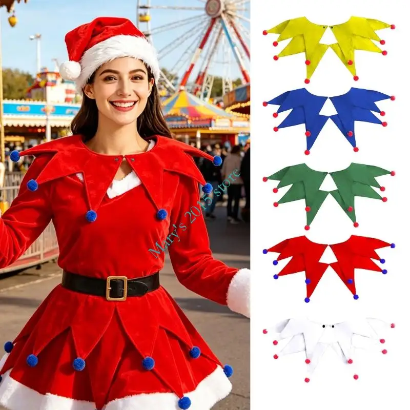 Pointed Clown Costume Collar for Adults and Kids Color Detachable Clown Neck Accessory with Ball Trim for Theme Parties