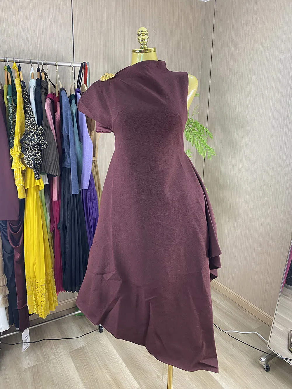 New Summer Casual Off-Shoulder Asymmetrical Pleated Dress – High-Waisted, Elegant Maxi Dress-GZXX1141