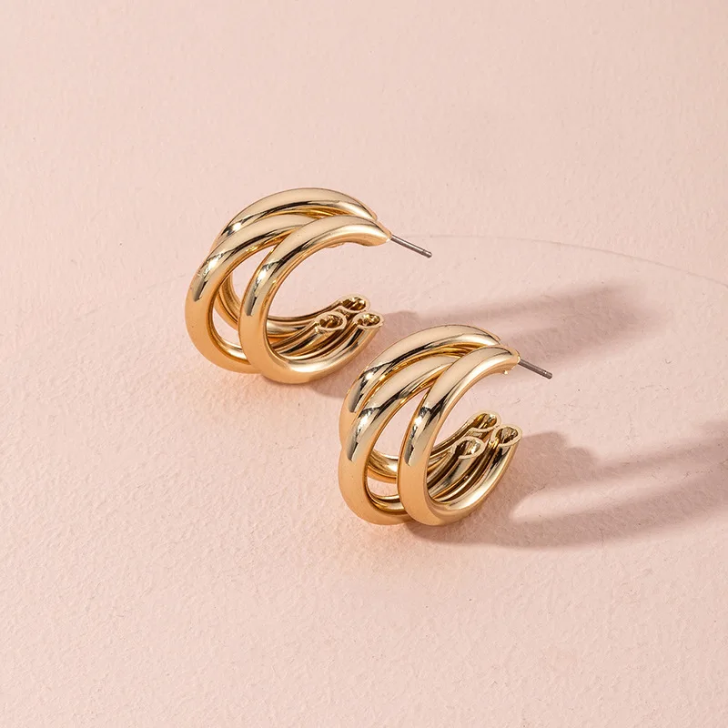 Lightweight Jewelry Wholesale 2024 Classic Fashion Gold Color Alloy Metal Bold Chunky Triple Tube Hoop Earrings for Women