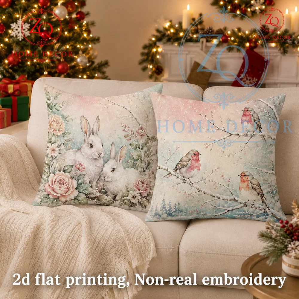 Vintage Christmas Winter Rabbit  Floral Throw Pillow Cover Soft Watercolor Style Square Cushion Case  Holiday Decor