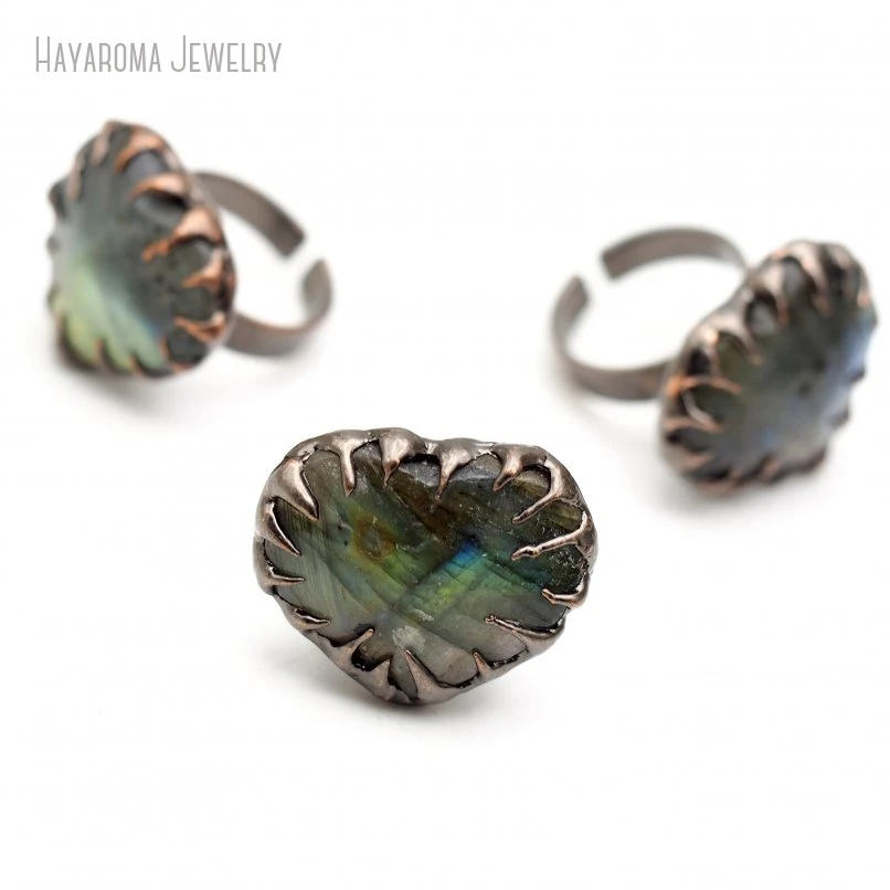 2Pcs Tin Alloy Soldered Wholesale Semi-precious Stone Labradorite Gift For Her Brutalist Y2k Handmade Vintage Ring RM49544