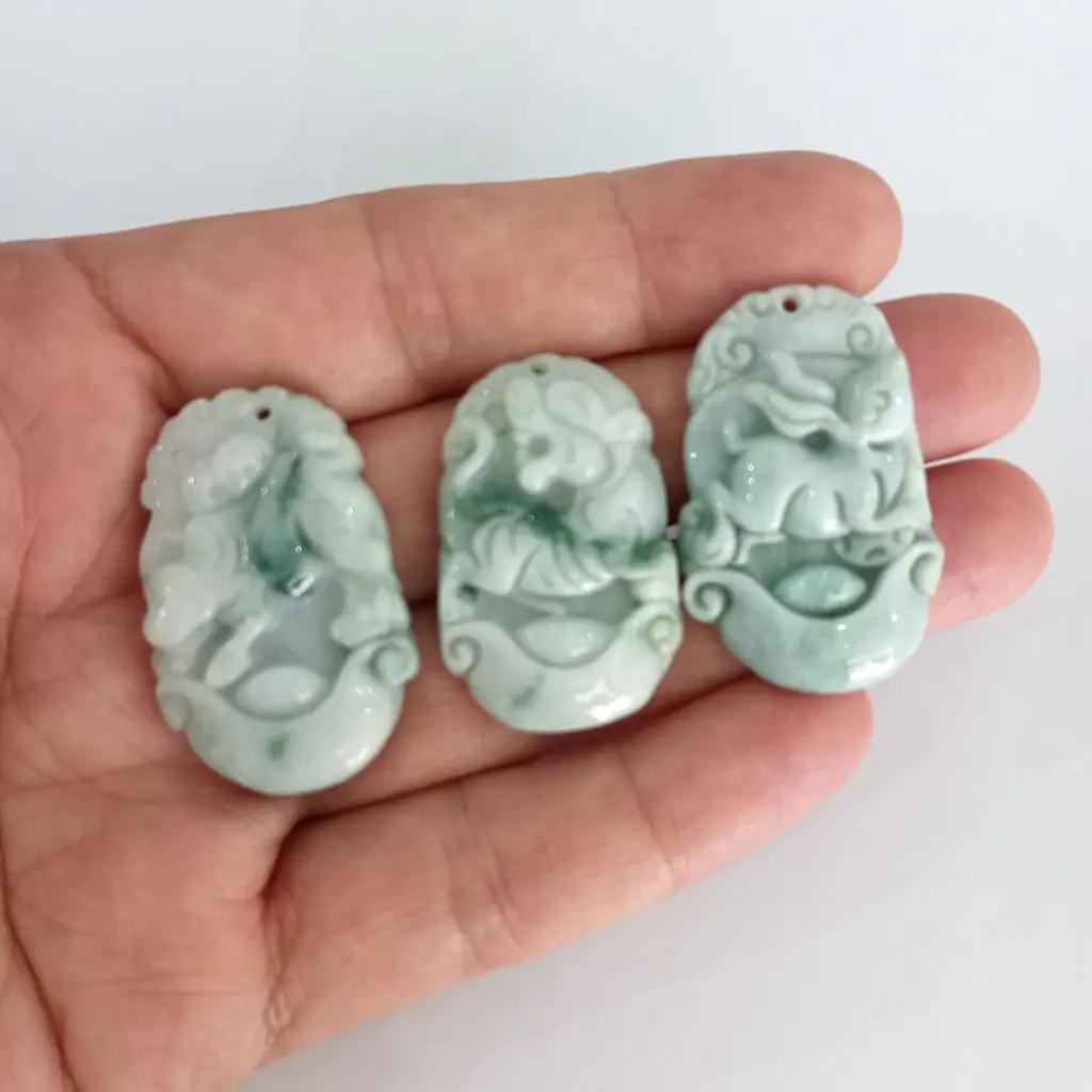 3 Piece Mascot Natural Myanmar Jade Pendant Amulet Tiger Hare OX Chinese Zodiac Signs Bless Year