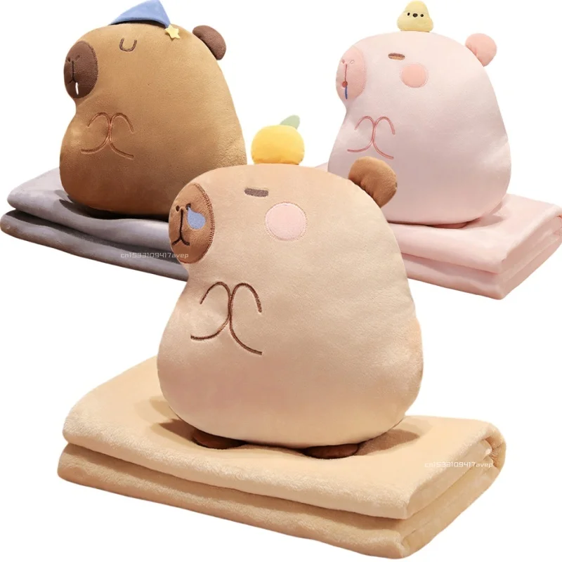 3 in 1 Multifunctional Casual Style Capybara with Fleece Blanket Hand Warmer Pink Capibara Bird Star Caps Bed Cushion for Boy