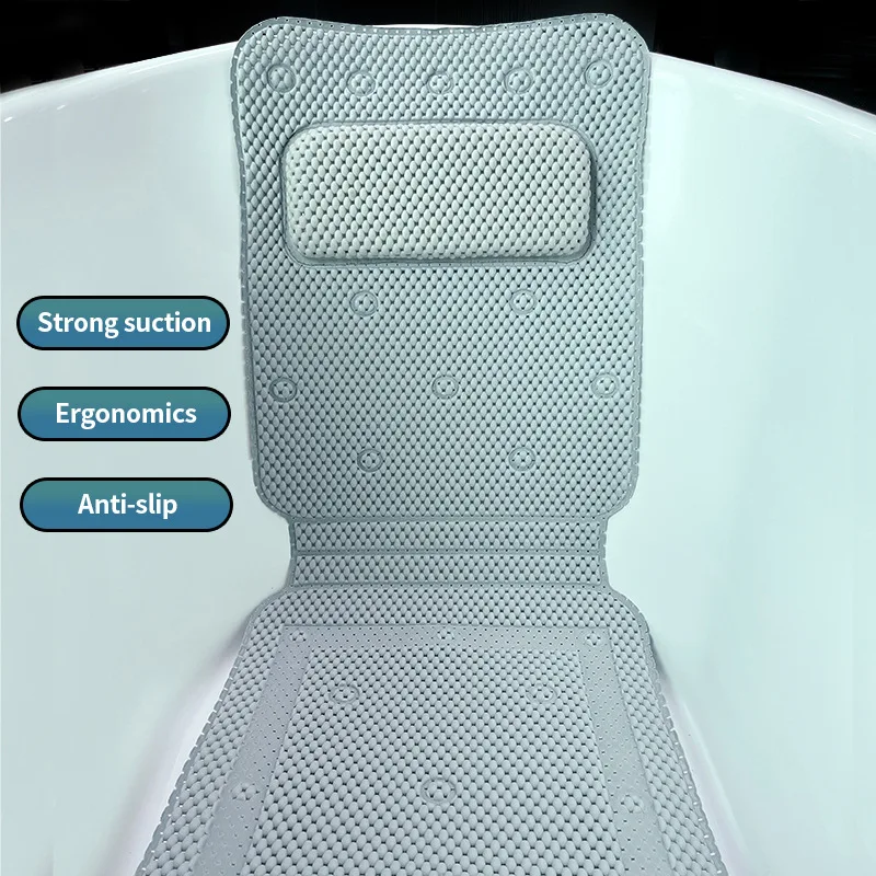 Extra Long Soft Bathtub Shower Mat With Pillow Back Bathmat with Suction Cups & Drain Holes for Bathtub Non-Slip Bath Mats