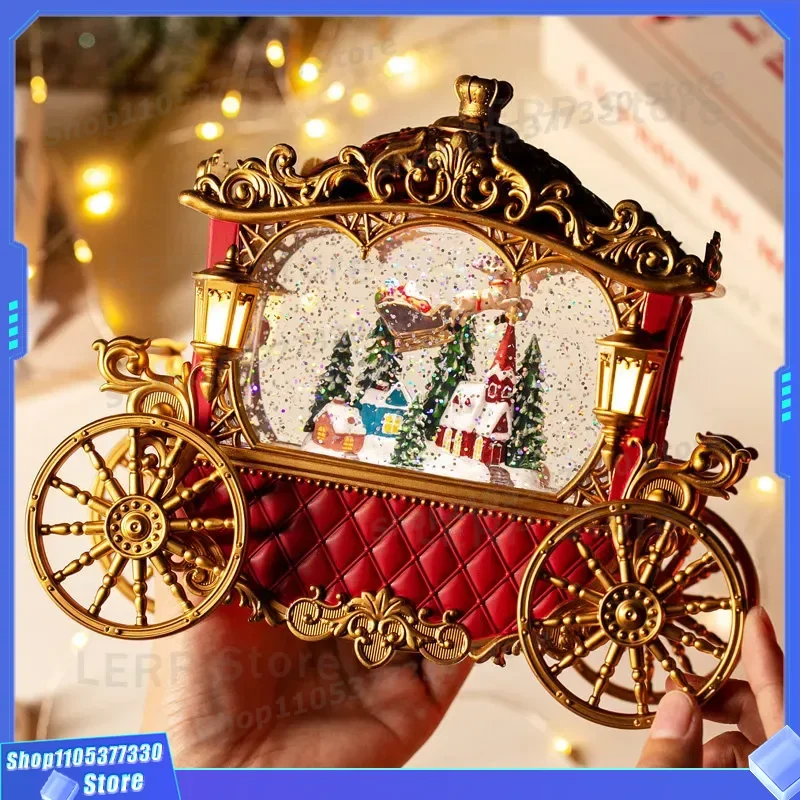 Vintage Christmas Music Box Carriage With Old Man And Falling Snow Crystal Ball Gift For Girls Children Birthday Present