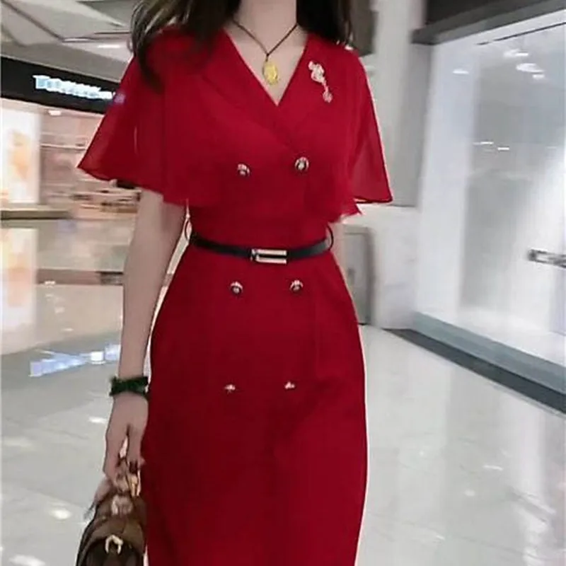 2023 Temperament Fashion Dress Women's Summer New Korean Version Slim Bat Sleeve Panel Mesh Suit Dress Trend