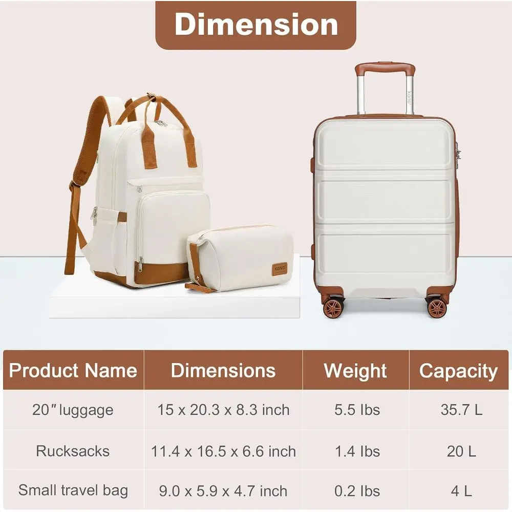 Cream White 3-Piece Lightweight Carry-On Luggage Set with TSA Lock and Spinner Wheels