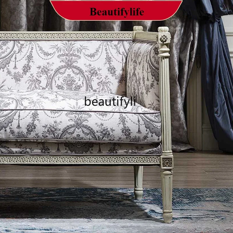 8071  French retro fabric sofa bedside stool solid wood European court style simple bedroom furniture