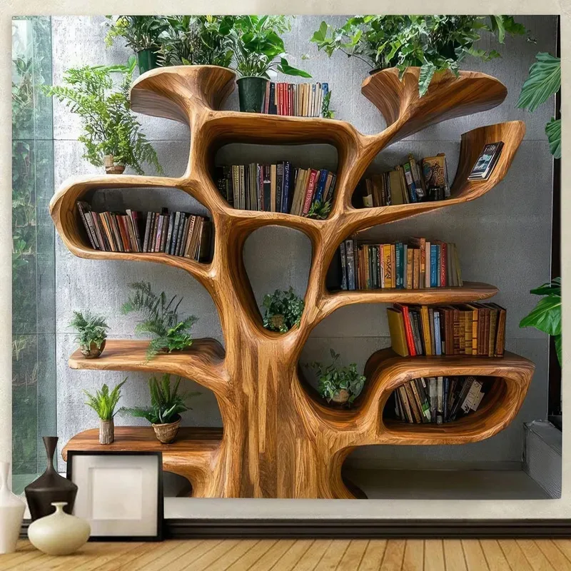 VIKAMA Baum des Lebens Bücherregal-Wandteppich, Naturwaldkunst, Vintage-Kunststil, Wohnzimmerdekoration