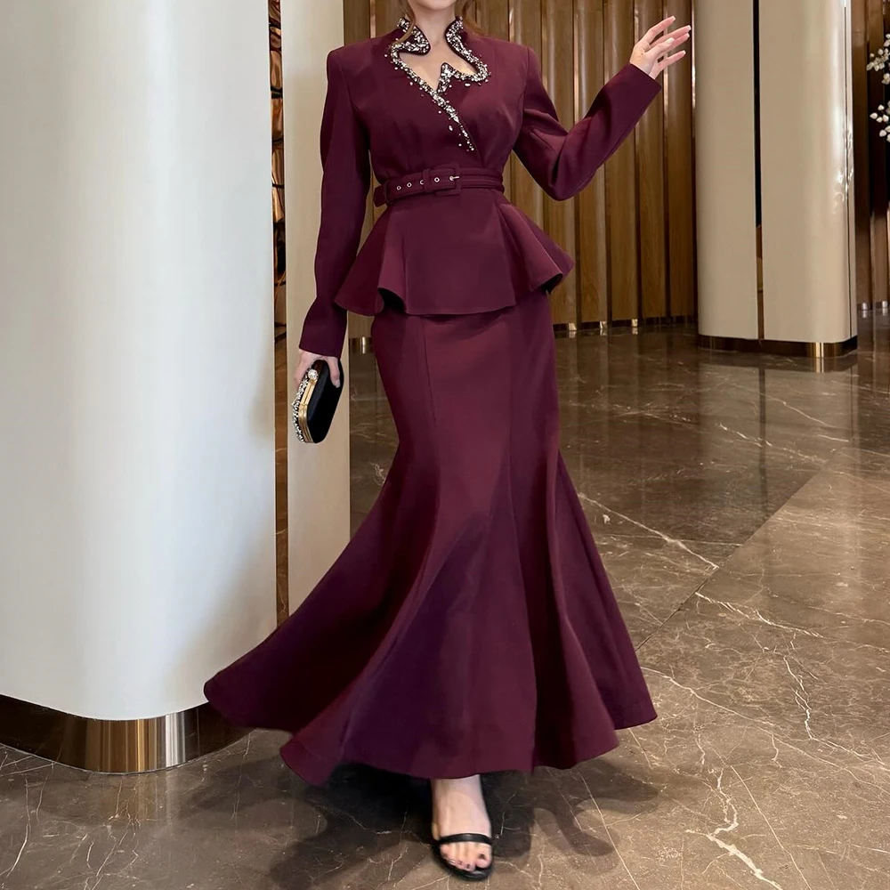 فساتين سهرة مخصصة على شكل حرف a بطول الكاحل ورقبة عالية وأكمام طويلة فستان حفلات أنيق وشاحات كريستالية بسيطة ثنيات للحفلات