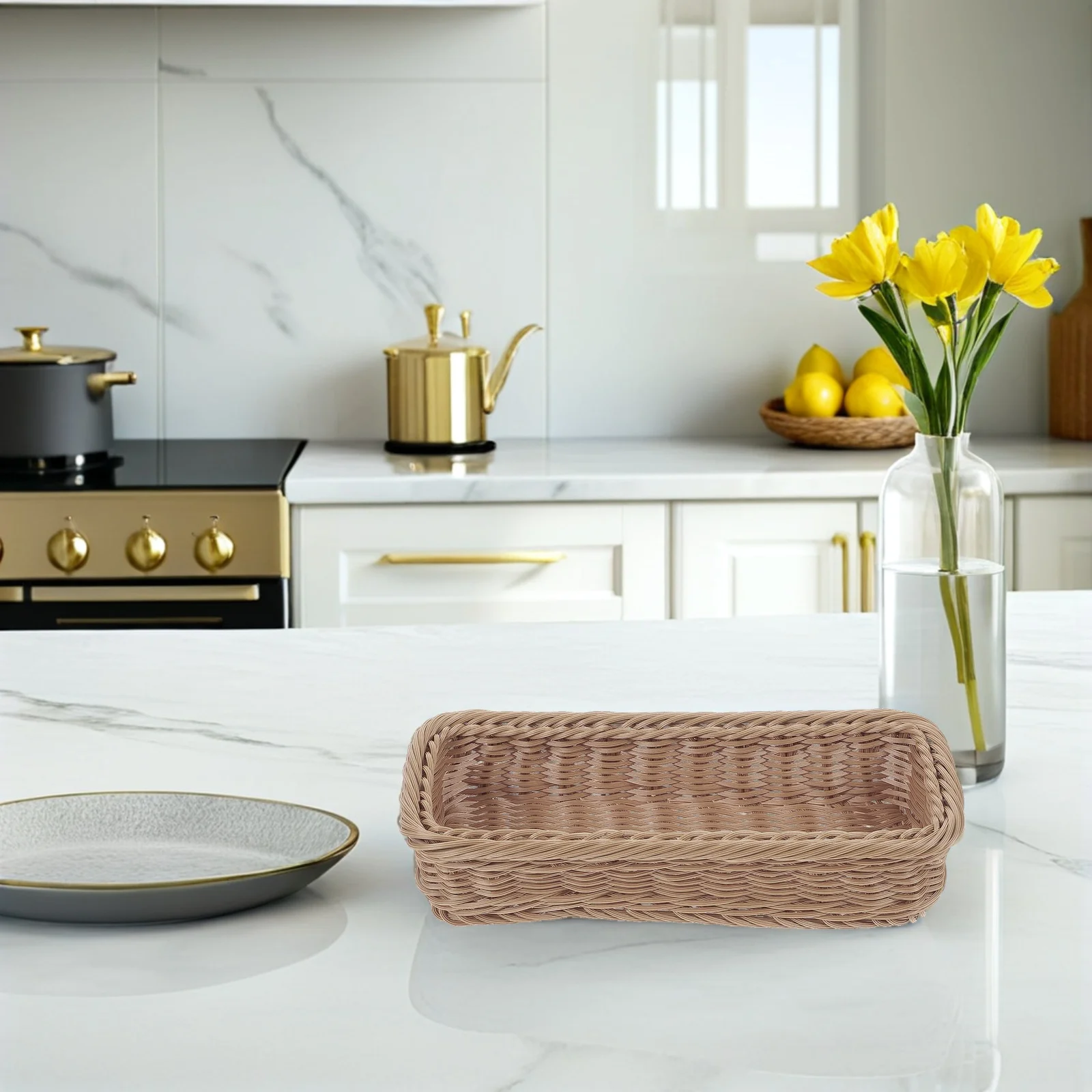 2 قطعة سلة تخزين بلاستيكية منسوجة منظم لأدوات المائدة برطمان توابل سطح المكتب سلة المطبخ المنزلية صندوق منسوج