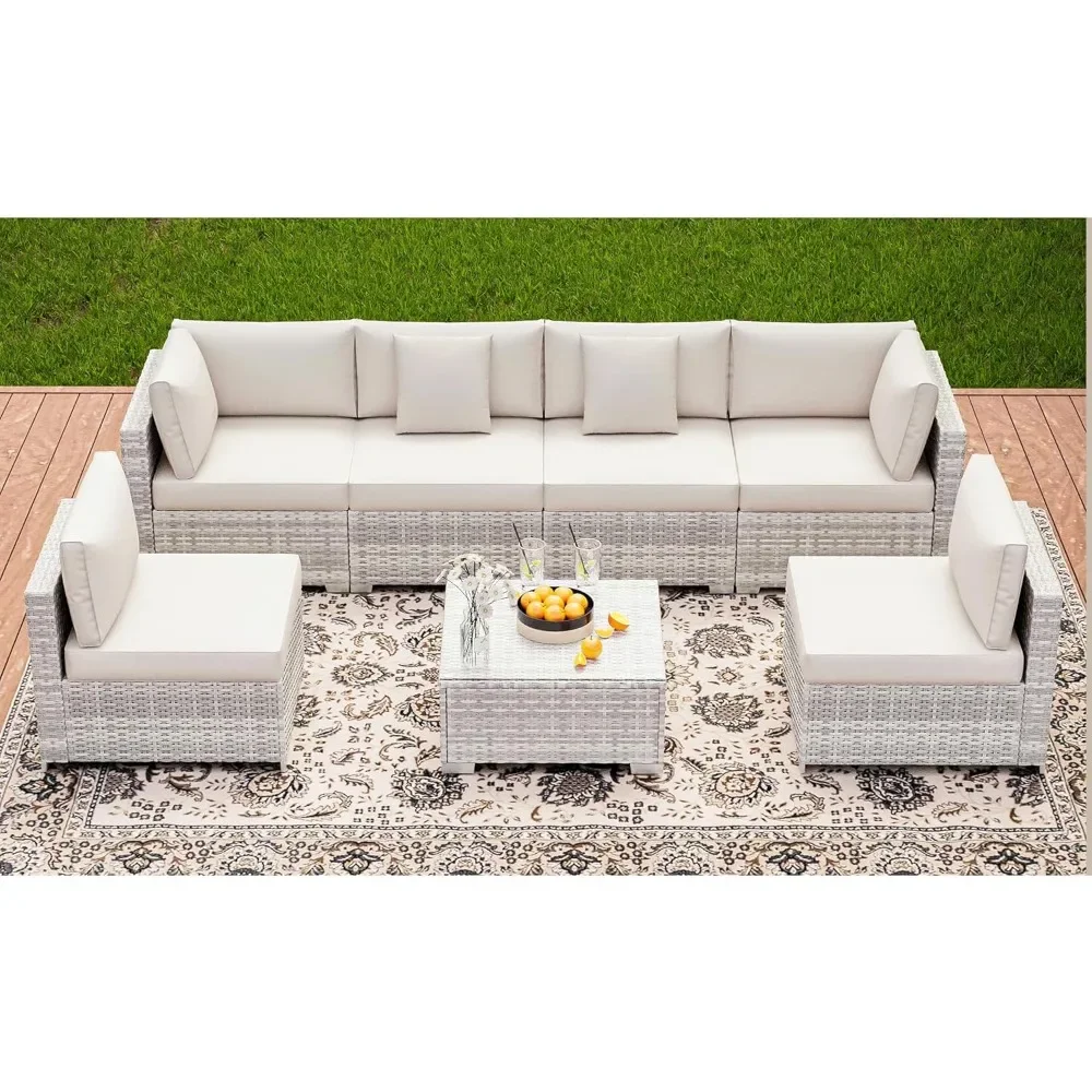 

7 Pieces Patio Furniture Sets Outdoor Patio Conversation Set All Weather PE Rattan Sectional Sofa with Cushions and Glass Table