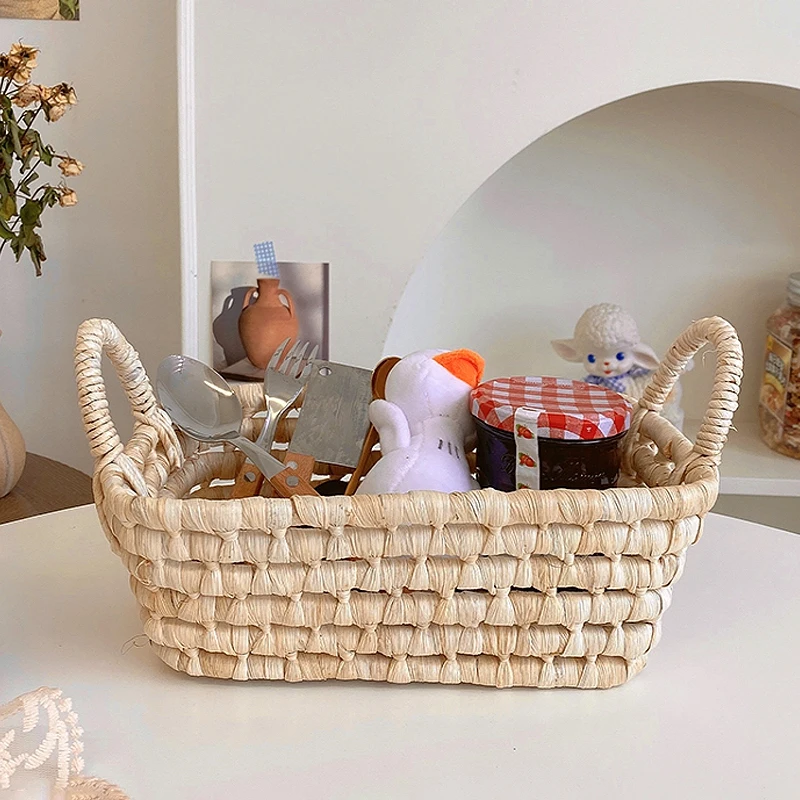 Ins Straw-woven Storage Basket Simple Snack Fruit Storage Basket Desktop Sundries Organizer Cosmetic Organizer Toys Container