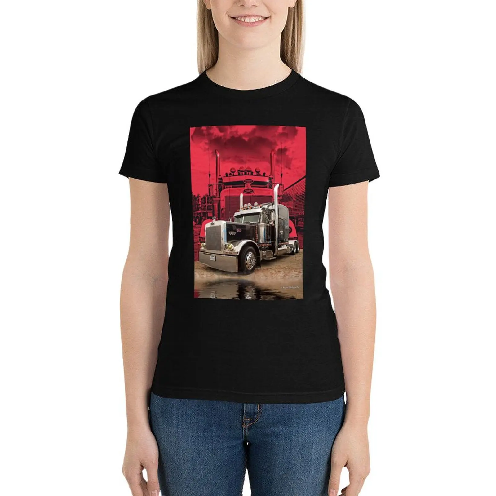 Peterbilt with Red Peterbilt background T-Shirt Short sleeve tee hippie clothes Blouse lady clothes oversized t shirts for Women