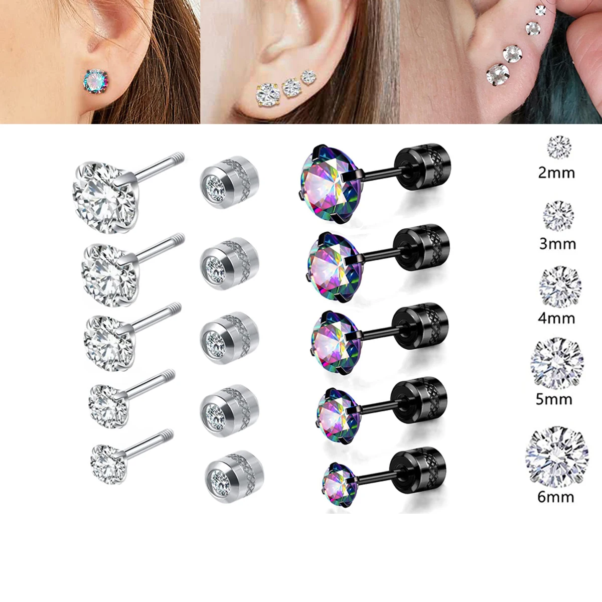 Diamonds Earring for Women Screw Stud Earring for Girls Double CZ Zircon Helix Cartilage Stud Earrings Piercing Jewelry Gifts