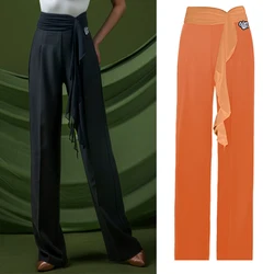 Adults Ballroom Dance Clothes Women'S High Waist Modern Dancing Pants Ruffled Latin Top Latin Dance Competition Wear SL10394