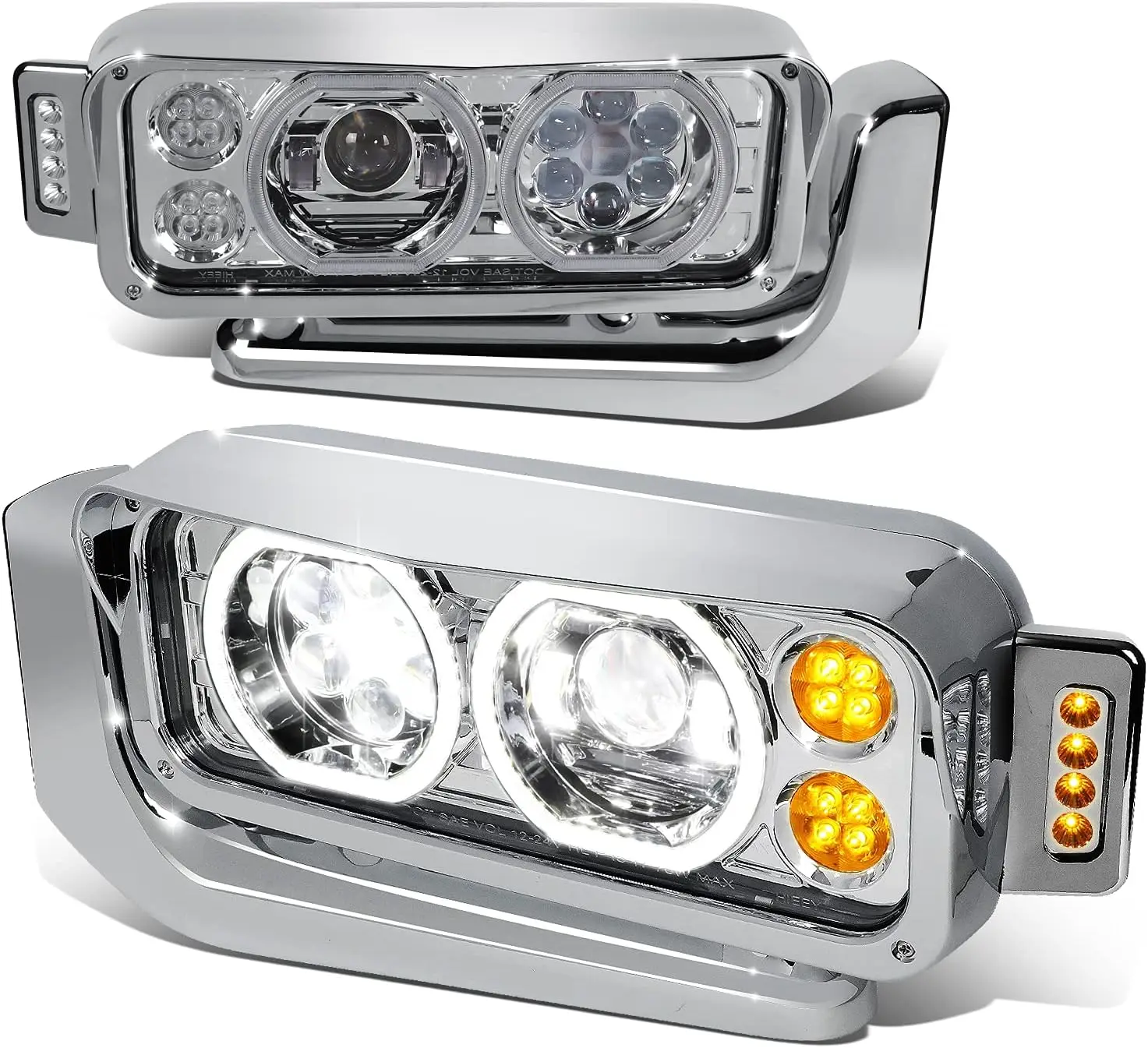 LED Halo Rings DRL Turn Signal Dual Projector Headlight Compatible with Peterbilt